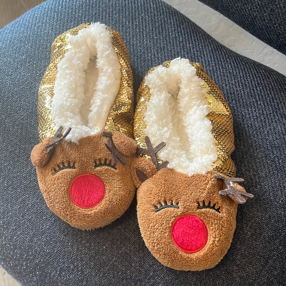 Gold reindeer slippers